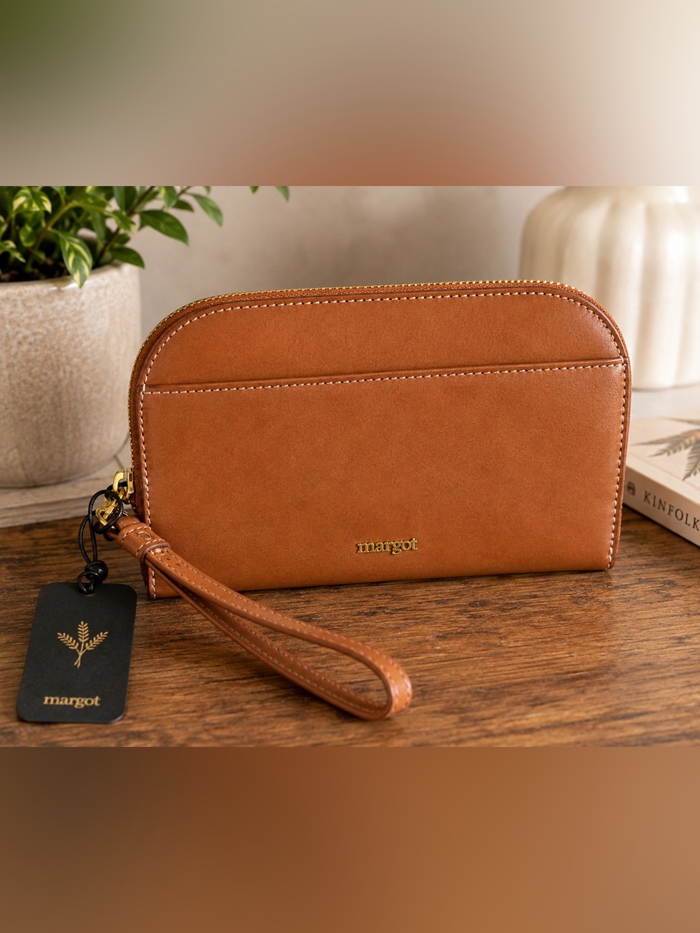 Margot Leather Luna Zip Wristlet Wallet | Cognac Leather | NWT